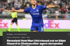 進球網：曼聯因拒絕向經紀人支付回扣而錯失阿扎爾